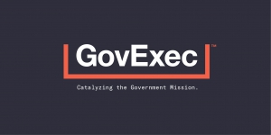 GovExec in white with a long orange line surrounding the sides and bottoms of texts. Underneath is the wording "Catalyzing the government mission"
