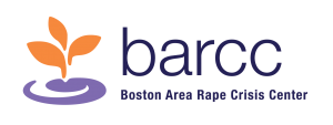 Orange and purple sprout with purple text: BARCC, Boston Area Rape Crisis Center
